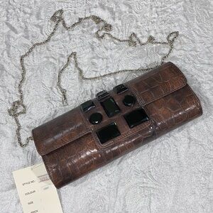 Brown Crocodile design Clutch with Black Accents